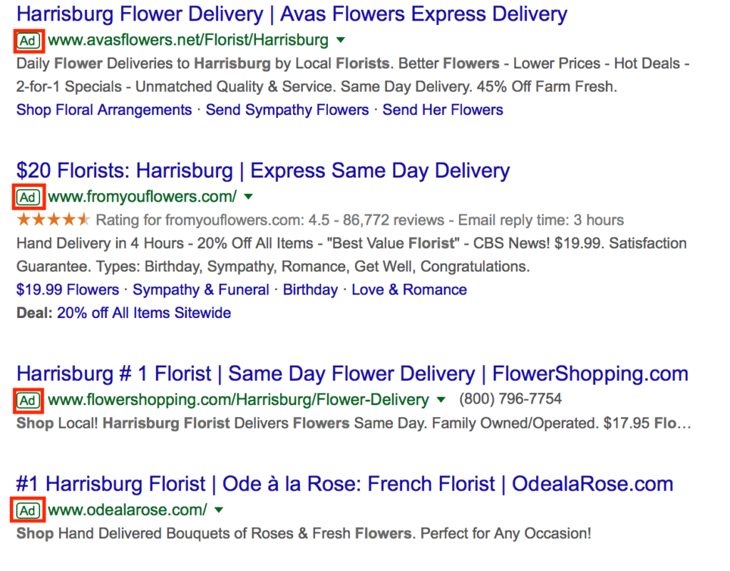 Screenshot of search engine results for Harrisburg flower delivery services, showing four ads with offers, ratings, delivery times, and contact information.