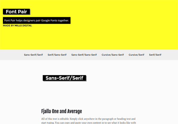 Screenshot of the Font Pair webpage with a yellow header displaying the title and description, navigation options for font pairings, and an example of the 'Fjalla One and Average' font pairing with editable text.