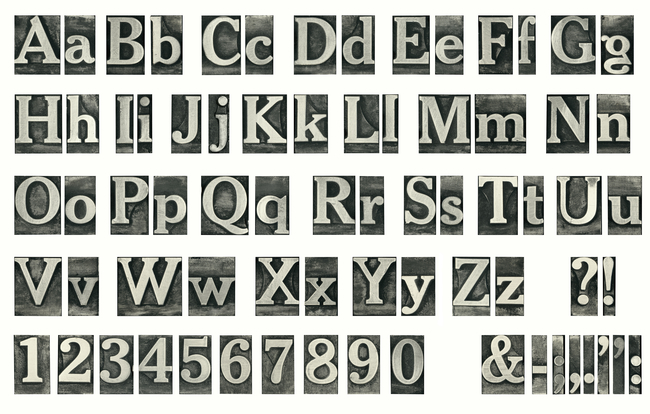 Vintage printing press letters and numbers including uppercase and lowercase alphabet A to Z, digits 1 to 0, an ampersand, and punctuation marks (exclamation point, question mark, period) arranged in rows.