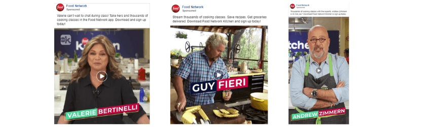 A collage of three images from a cooking network, featuring Valerie Bertinelli in a kitchen with a video play button, Guy Fieri cooking with a pan, and Andrew Zimmern standing with arms crossed in a kitchen.