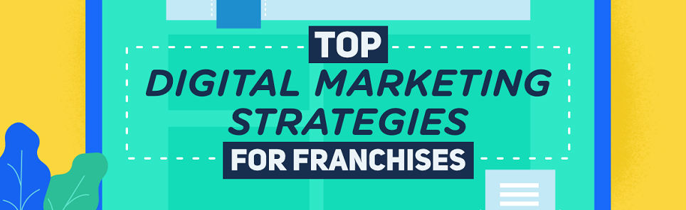 Banner with the title 'Top Digital Marketing Strategies for Franchises' on a colorful background with decorative elements.