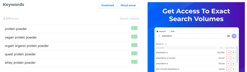 Free Amazon keyword tool: Sonar