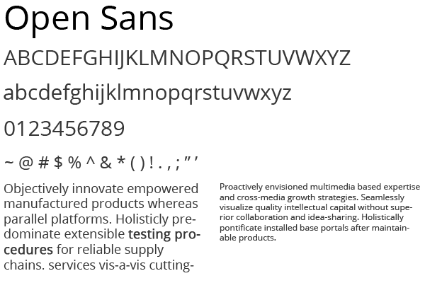 Sample display of the Open Sans typeface showing uppercase and lowercase letters, numbers, and symbols, followed by two paragraphs of filler text demonstrating the font in use.