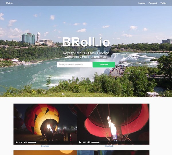 Screenshot of the BRoll.io website offering free HD stock footage, featuring a banner image of Niagara Falls, video thumbnails of hot air balloons, and a subscription form.