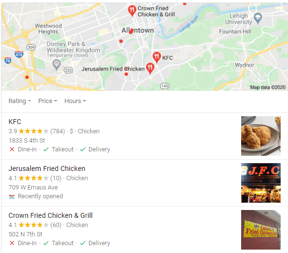 A screenshot of a map Google search result for fried chickens