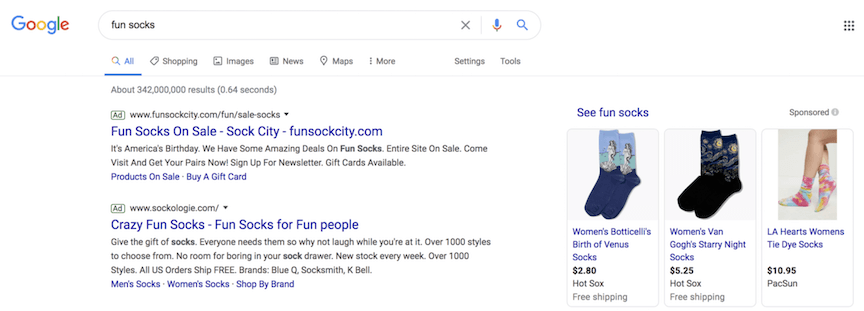 PPC ads for socks in Google Search