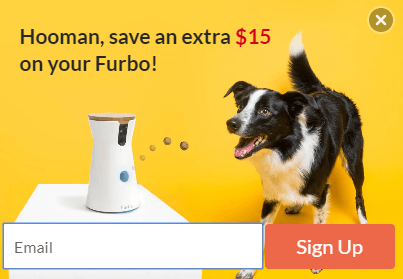 Message from Furbo saying they offer $15 off for new email subscribers