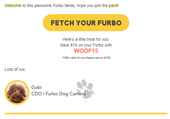 a welcome email from Furbo for new subscribers with a $15 discount code