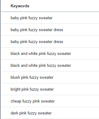 List of keywords about a fuzzy pink sweater