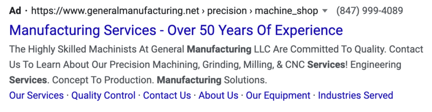 PPC search ad for manufacturing services