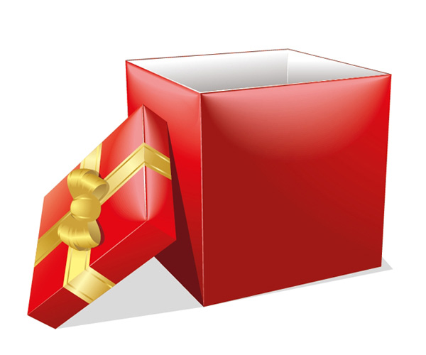 Illustration of an open red gift box with a gold ribbon and bow on the partially detached lid.