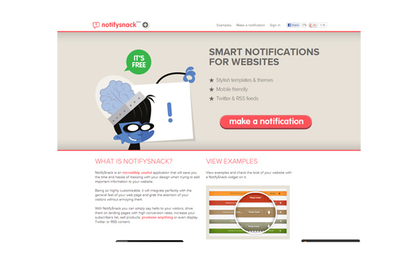 Screenshot of NotifySnack website featuring a banner with the text 'SMART NOTIFICATIONS FOR WEBSITES' and a cartoon character, sections describing the service and showcasing examples, with a white, red, and gray color scheme.