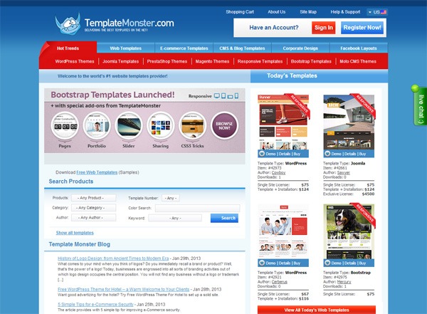 Screenshot of the TemplateMonster website homepage featuring a banner for Bootstrap Templates, a product search bar, blog snippets, and a selection of today's website templates with prices.