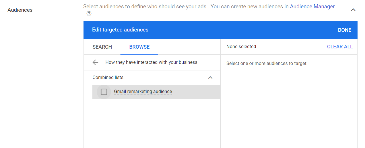 E-mail de remarketing: seu guia para remarketing de e-mail 14 13. Selecione sua lista de público nas opções salvas ou crie um novo público no Google Analytics