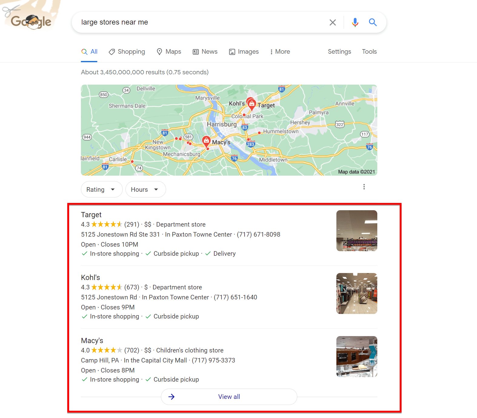 Google My Business results for a "near me" search