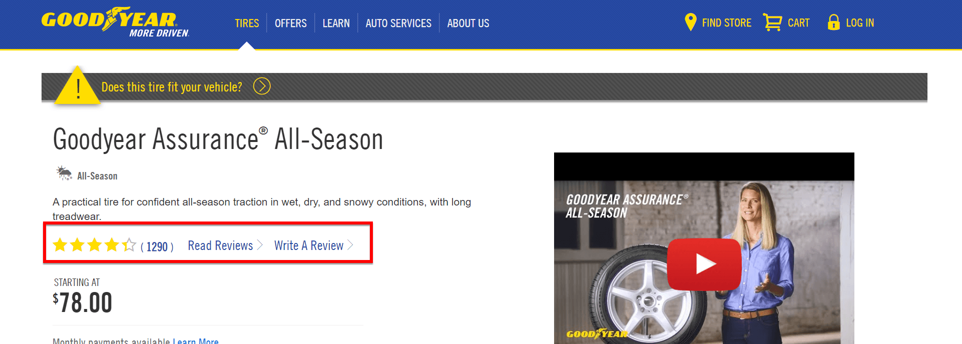 Goodyear website with buttons to read or write reviews