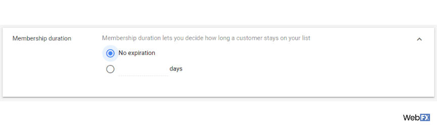 A screenshot of audience expiration options in Google Ads