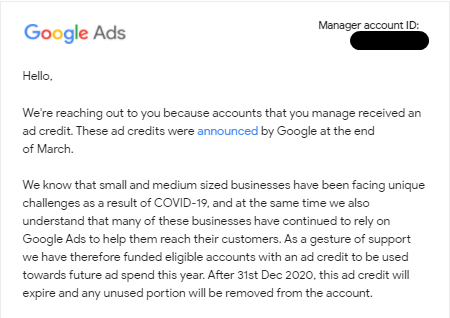 google ads credits email