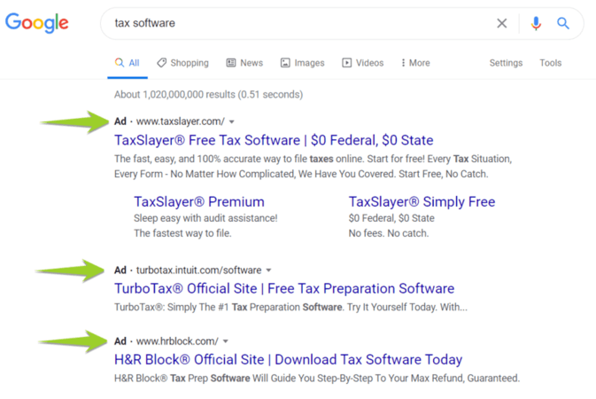 Google Ads example for taxes