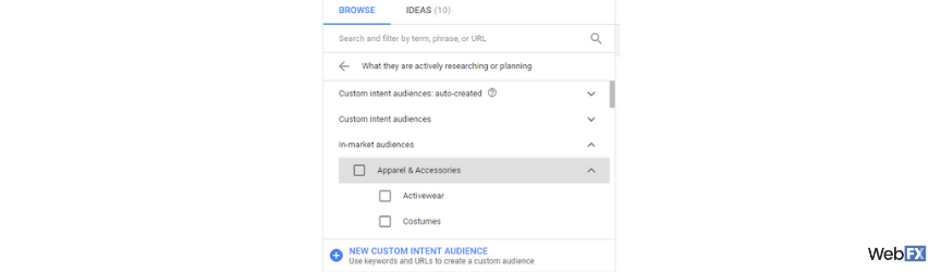 The audience options for an in-marketing audience