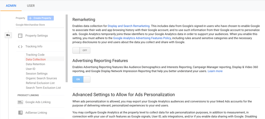 google analytics remarketing toggle