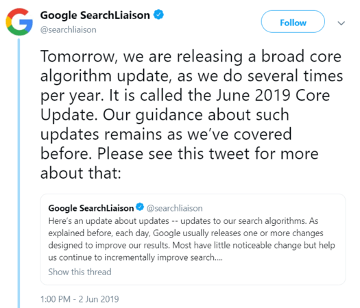 Google June 2019 Core Update Twitter announcement