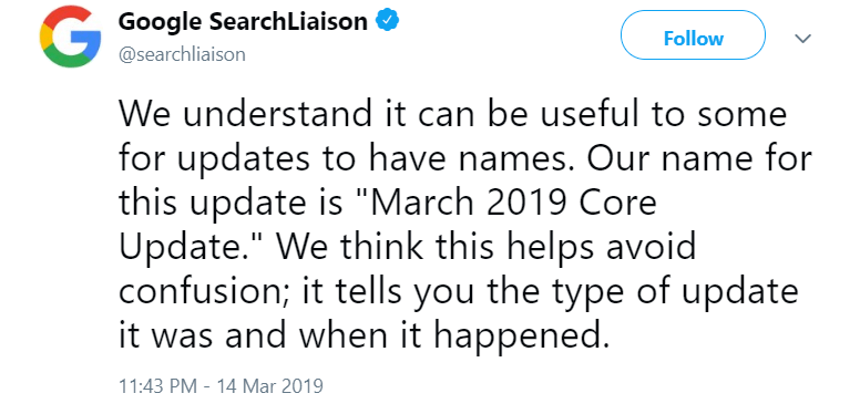 Google March 2019 Core Update Twitter announcement