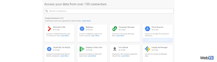 A screenshot of sources available from Google Data Studio