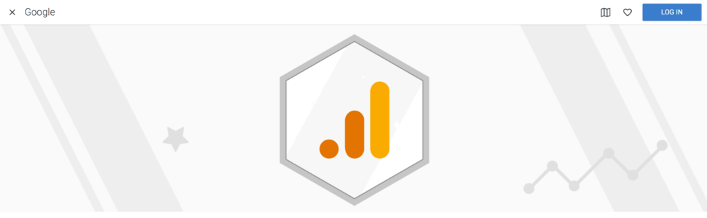 Minimalist web page design with a central hexagonal logo featuring three vertical orange bars, a star icon in the top left, a login button in the top right, and a faint line graph at the bottom.