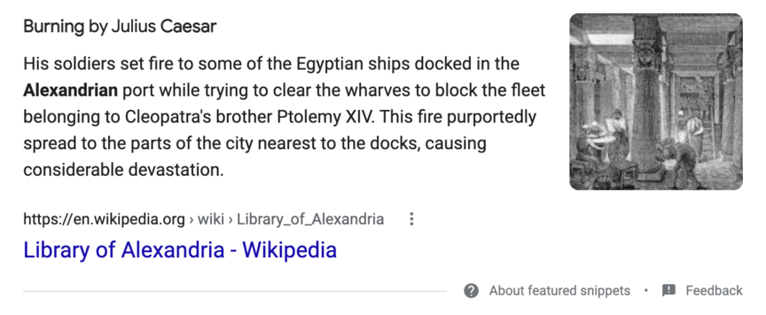 google featured snippet library of alexandria