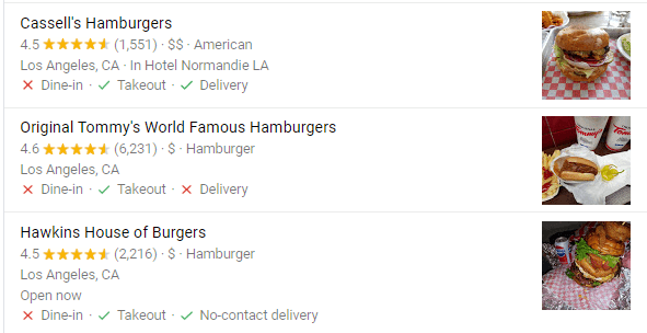 Listings for three hamburger restaurants in Los Angeles, each with a star rating, number of reviews, price range, and services offered. Accompanied by photos of their hamburger meals.