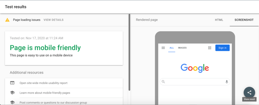 google mobile friendly test tool results for google