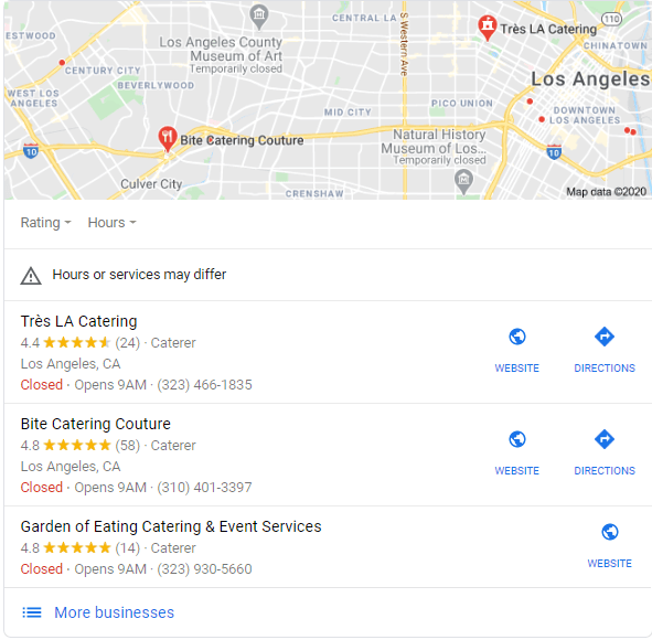 Screenshot of Google search results for caterers in Los Angeles, showing a map with location markers and listings for Très LA Catering, Bite Catering Couture, and Garden of Eating Catering & Event Services with ratings, contact information, and operational status.