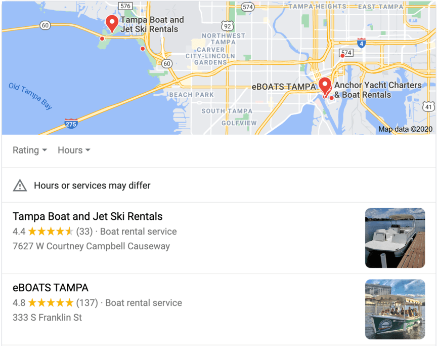 google my business results tampa boat rentals