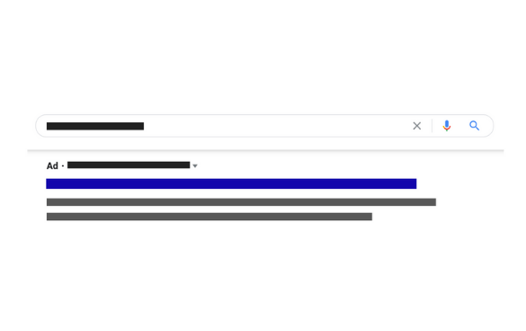 A stylized representation of a search engine results page with a search bar at the top, a search icon and microphone icon on the right, and a section labeled 'Ad' followed by blurred lines suggesting text and links.