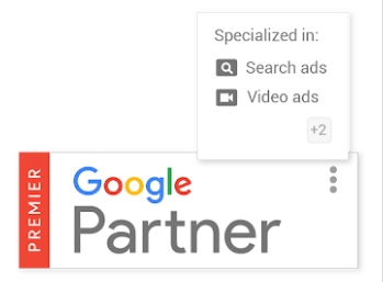 Google Premier Partner badge with specializations in Search ads, Video ads, and two additional areas.