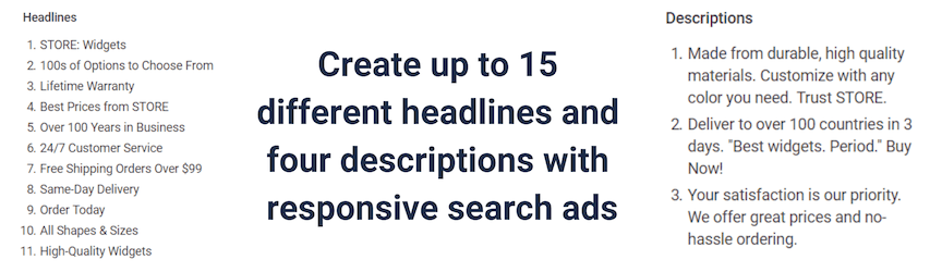 A screenshot of headline and description variations for responsive search ads