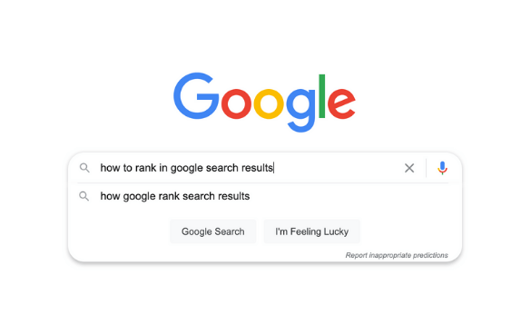 Google homepage with a search query 'how to rank in google search results' typed into the search bar, along with 'Google Search' and 'I'm Feeling Lucky' buttons.