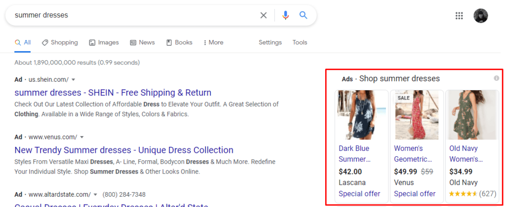 Google ads appearing on the right side for a search query