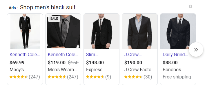 Google Shopping Ad examples with black tuxes