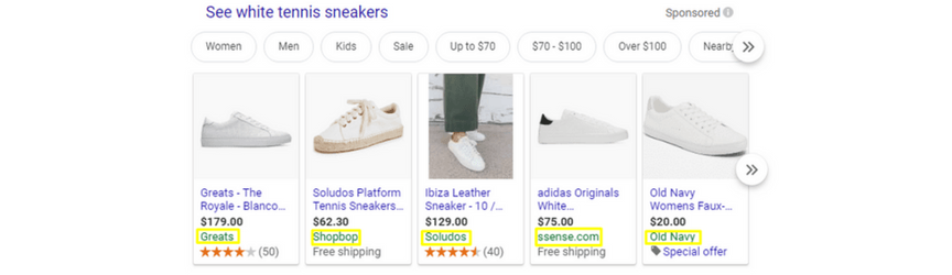 An example of Google Shopping showing the brand name