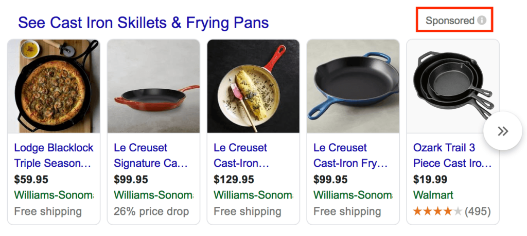 Advertisement showcasing a variety of cast iron skillets and frying pans with prices and store names, including Lodge, Le Creuset, and Ozark Trail brands, with a 'Sponsored' label at the top right corner.