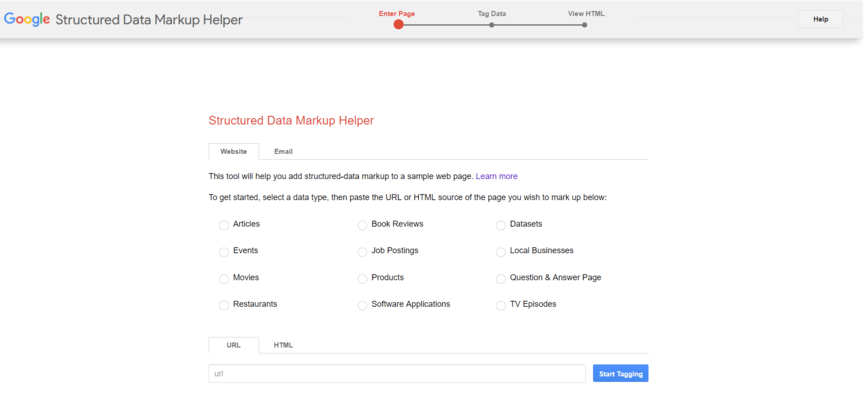 A screenshot of the homepage for Google's structured data markup helper