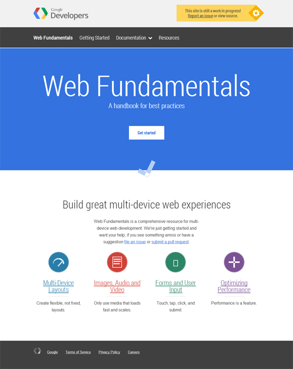 Screenshot of Google Developers Web Fundamentals page, featuring a title, navigation links, a 'Get started' button, and sections for multi-device layouts, media, forms, and performance optimization, with a footer containing Google's logo and legal links.