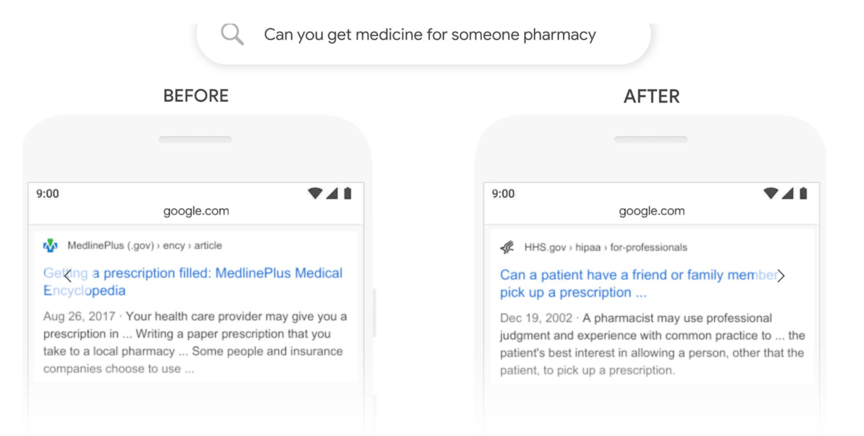 Comparison of Google search results before and after an update, showing different sources and information snippets for the query 'Can you get medicine for someone pharmacy.'