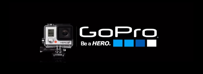 GoPro HERO3 camera next to the GoPro logo with the slogan 'Be a HERO' and four blue rectangles representing different shades of blue.