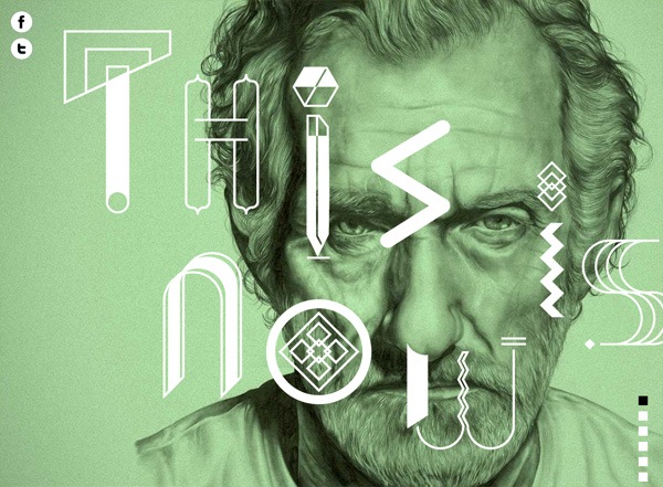 Illustration of an older man with a serious expression, overlaid with stylized letters and geometric shapes spelling out 'This is now' in an artistic design.