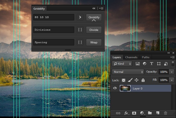 Screenshot of a graphic design software interface with the Griddify plugin window open, showing input fields and a scenic landscape background overlaid with a grid of blue lines.