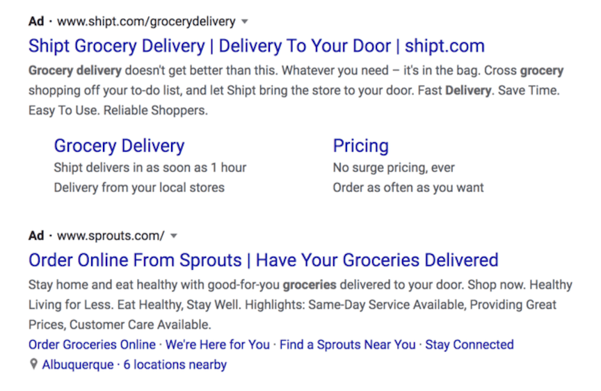 PPC ads for "grocery delivery near me"