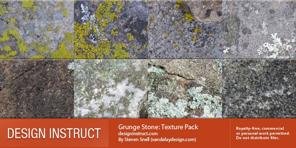 A promotional image for Grunge Stone: Texture Pack by Steven Snell, featuring six samples of stone textures with various colors and patterns of wear and organic growth.